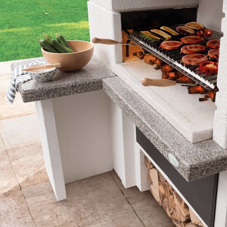 Barbecue fixe en pierre modèle Deco avec hotte, plan de travail et grille  BBQ - Ersho